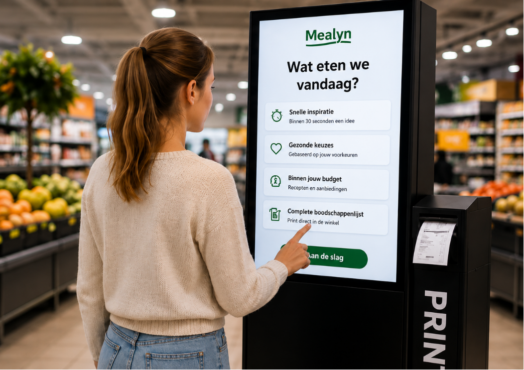 Klant gebruikt de Mealyn-kiosk in een supermarkt