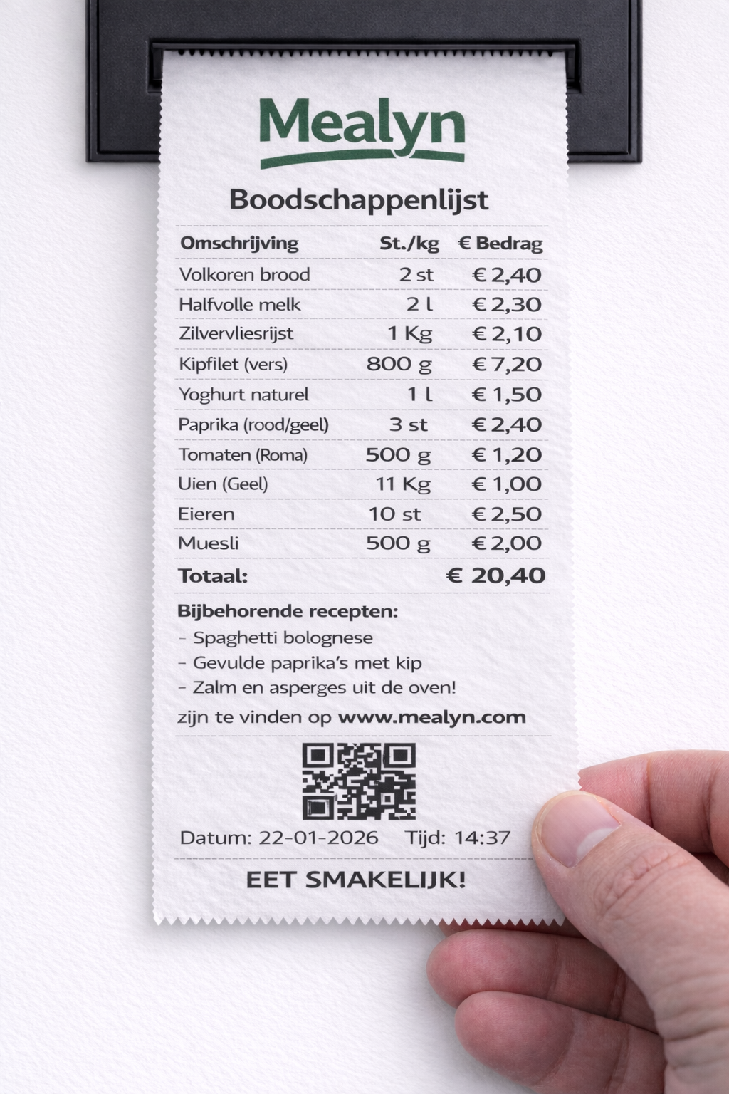 Geprinte boodschappenlijst bon van de Mealyn kiosk gesorteerd op winkelroute