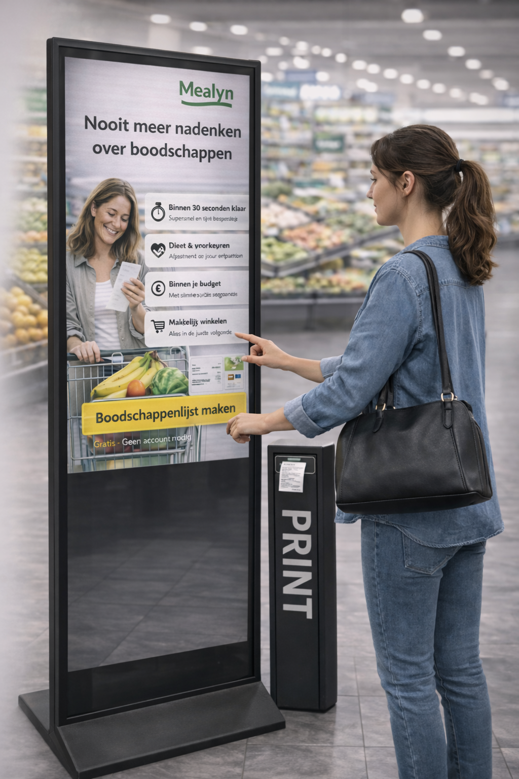 Vrouw gebruikt de Mealyn zelfbedieningskiosk in een supermarkt om een gepersonaliseerde boodschappenlijst te ontvangen