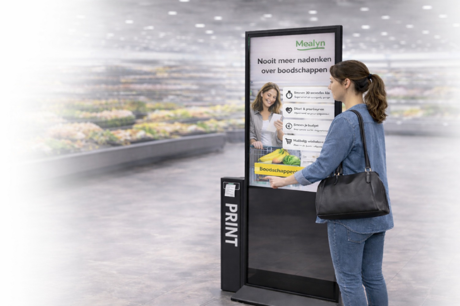 Vrouw gebruikt zelfbedieningskiosk in supermarkt