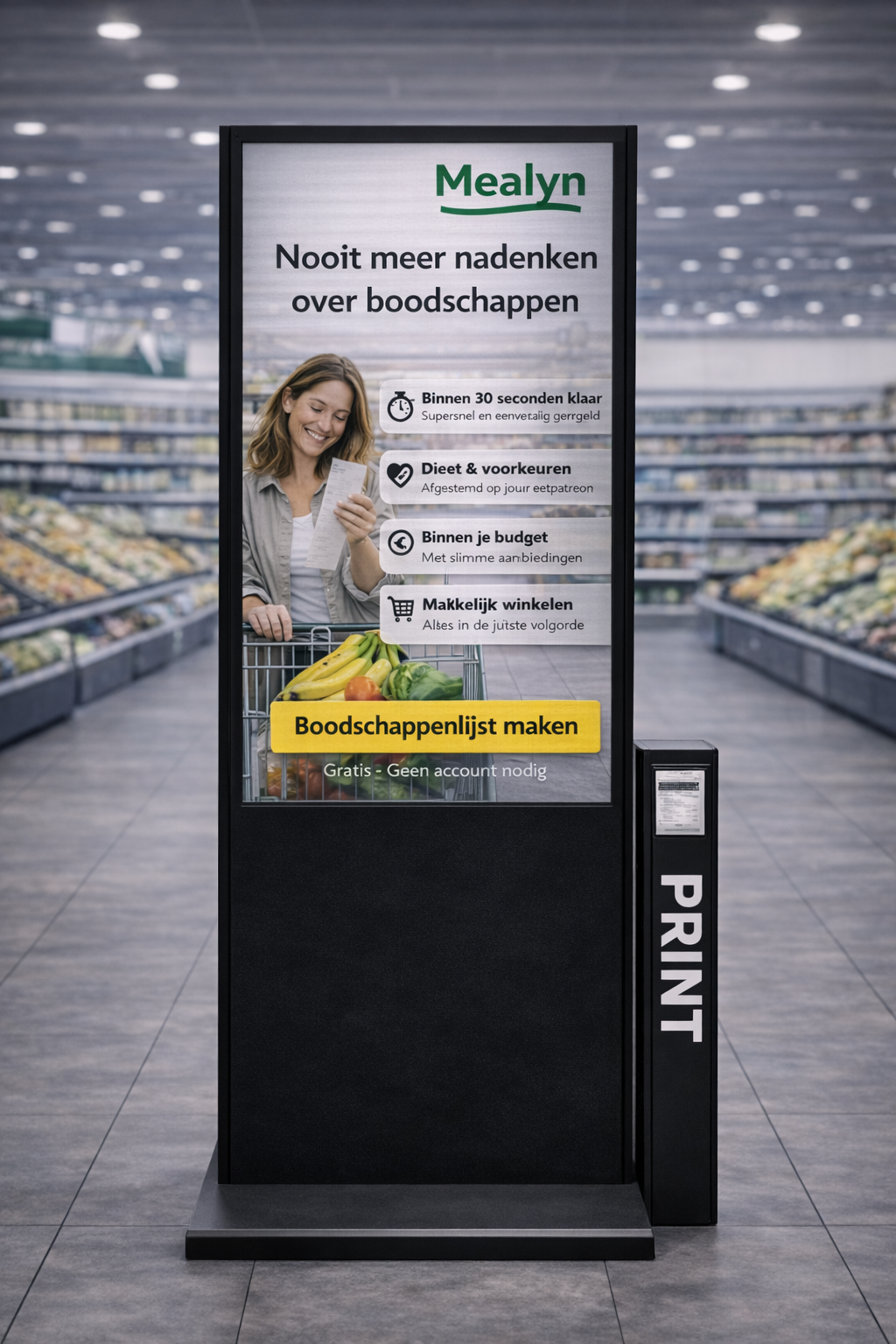 De Mealyn kiosk interface toont een gepersonaliseerde boodschappenlijst voor een supermarktbezoeker