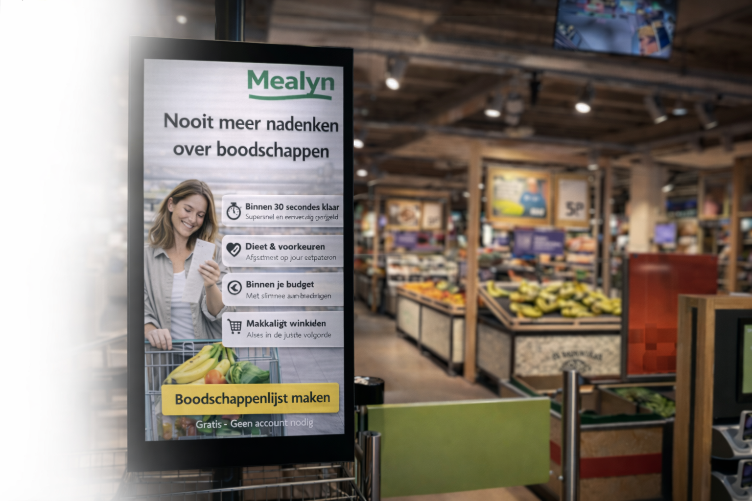 Man gebruikt de Mealyn kiosk in een supermarkt om zijn wekelijkse boodschappenlijst samen te stellen