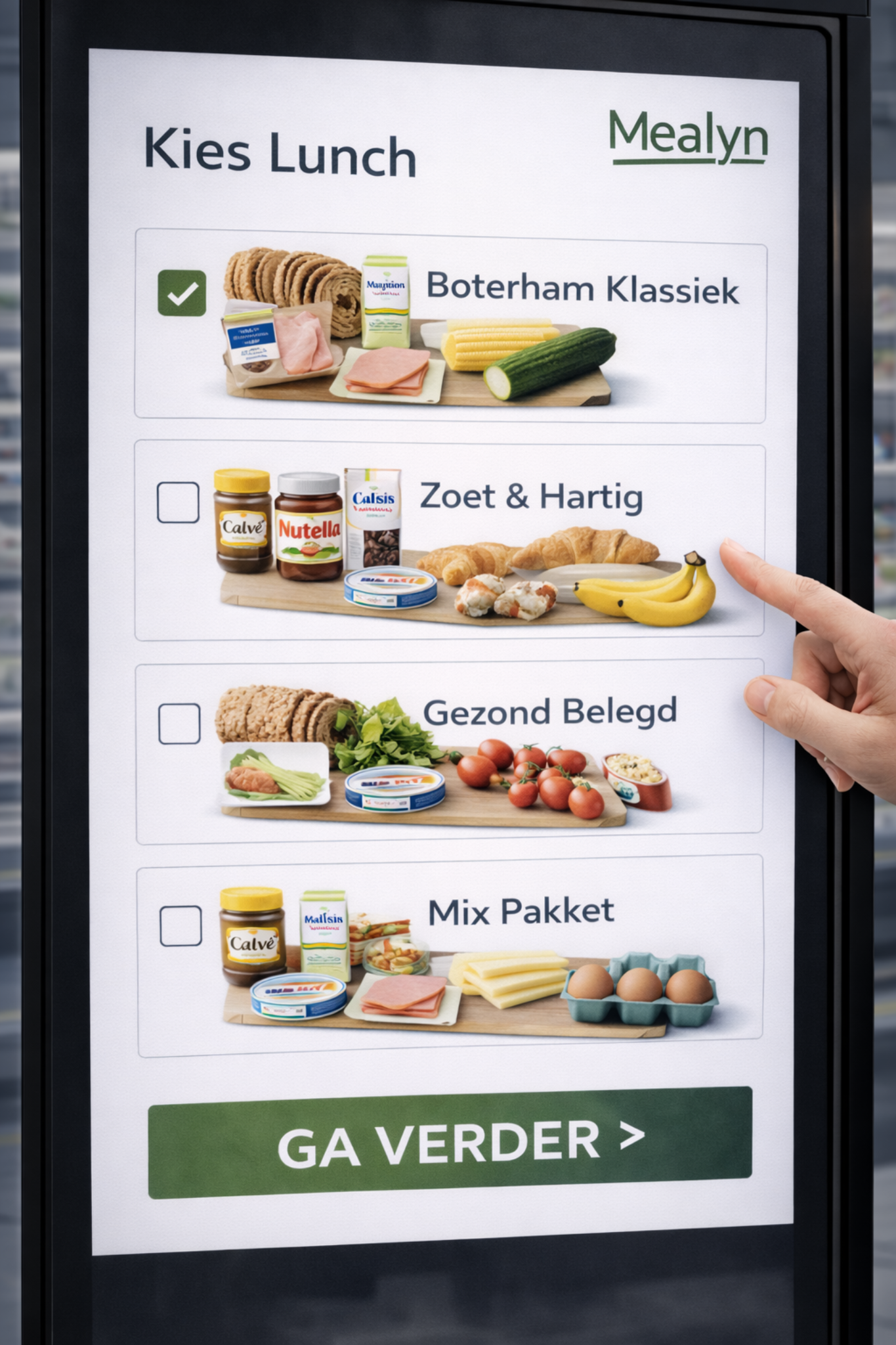 Klant selecteert ontbijt, lunch en diner pakketten op de Mealyn kiosk