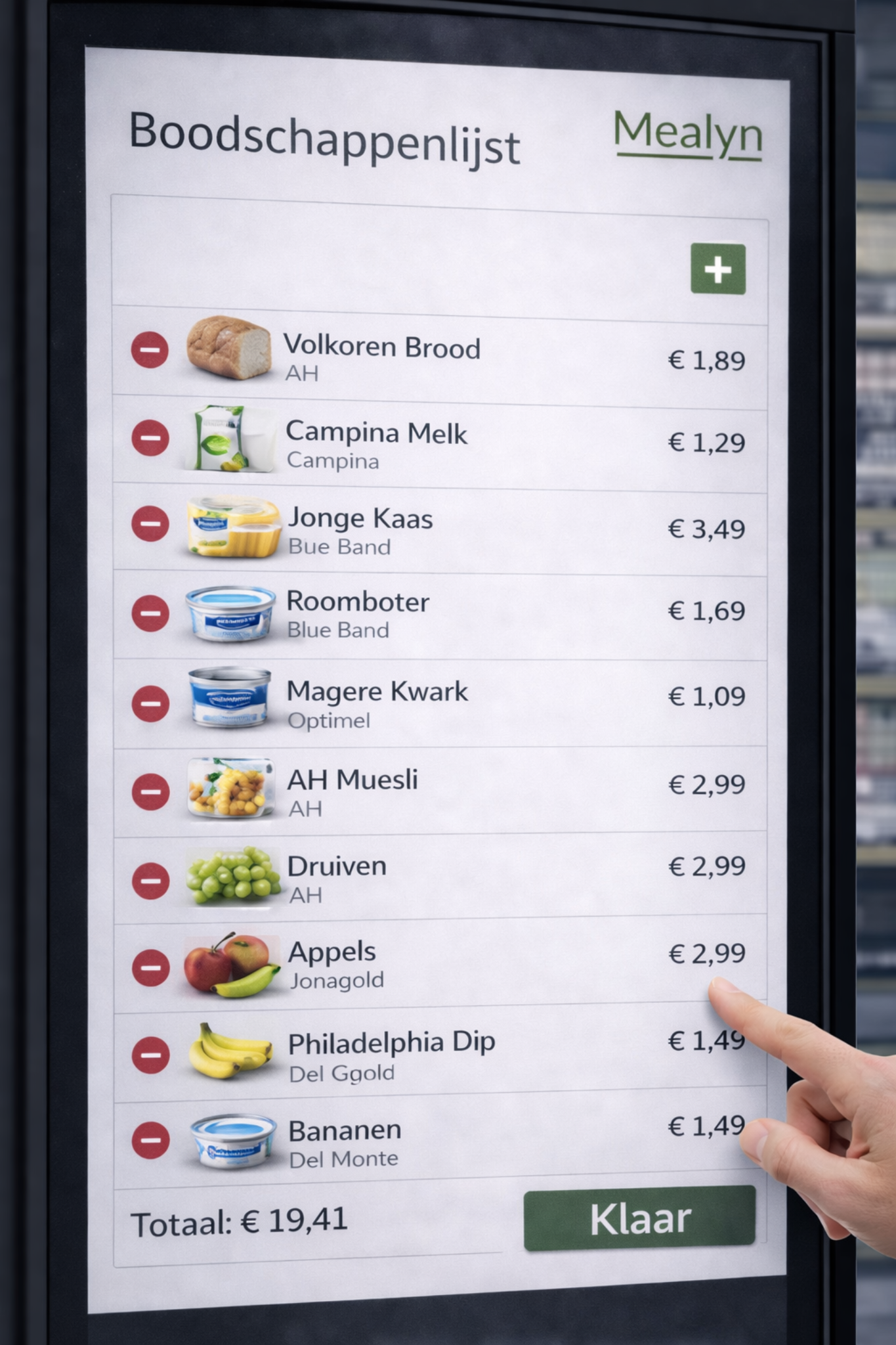 Automatisch gegenereerde boodschappenlijst op het Mealyn kiosk scherm